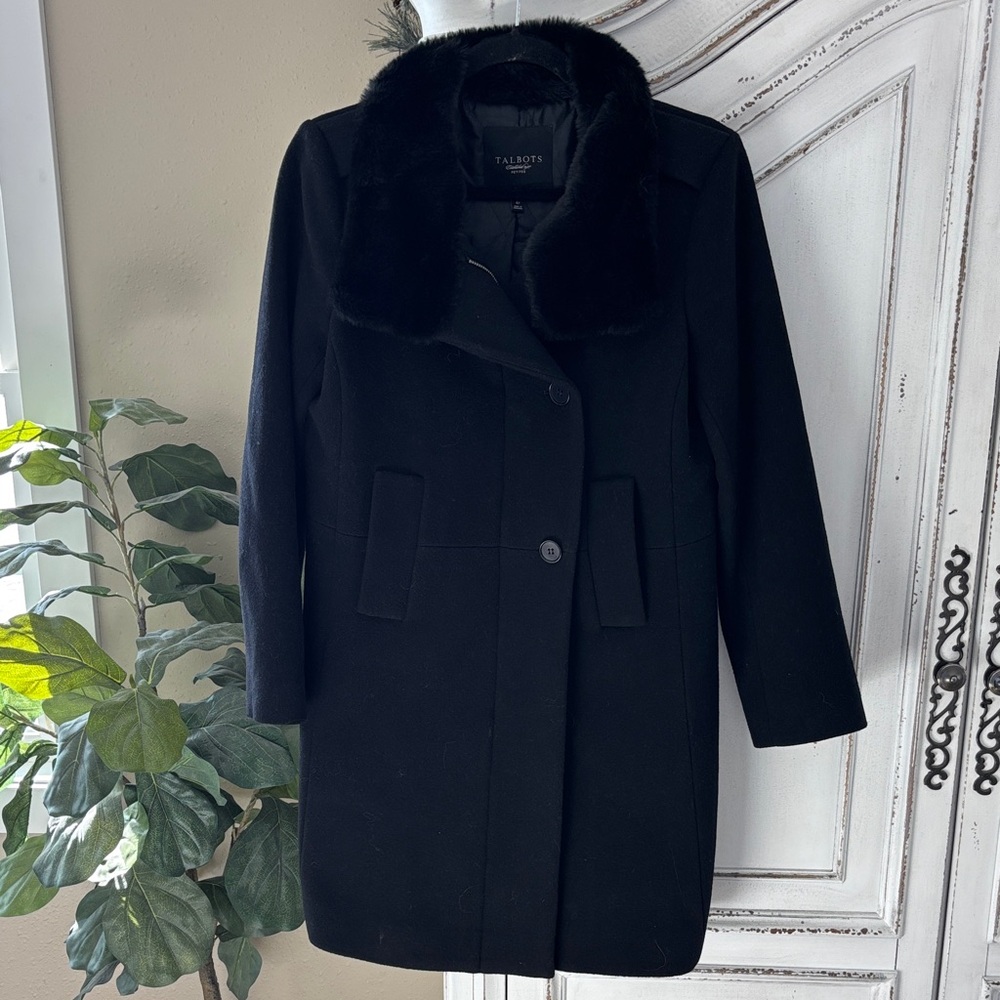 Talbots Wool Blend Longline Pea Coat Womens 4P Black Faux Fur Collar Lined